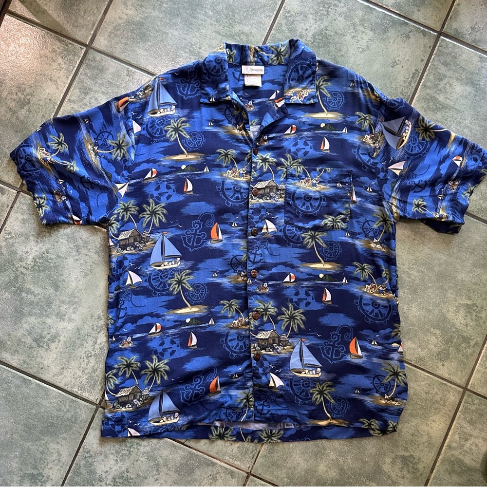 Men’s Hawaiian Floral Vacation Blue Beach Button Front Mickey Disney Dress Shirt